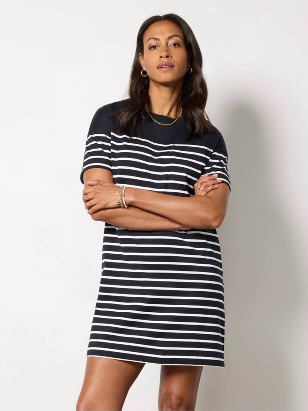 Evereve Emersyn T-Shirt Dress Black with White Stripes Women’s Size M NWT